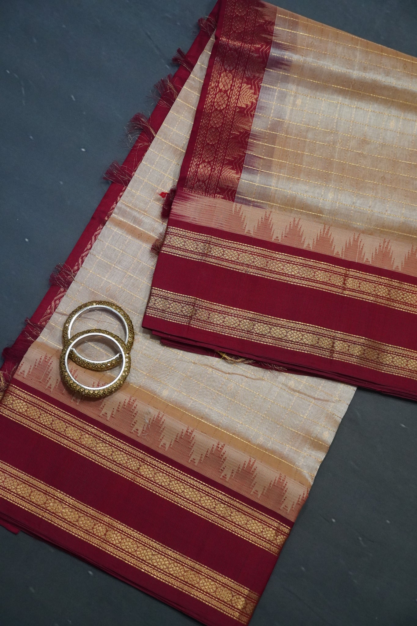 Silk Cotton Saree - Sandal - Maroon