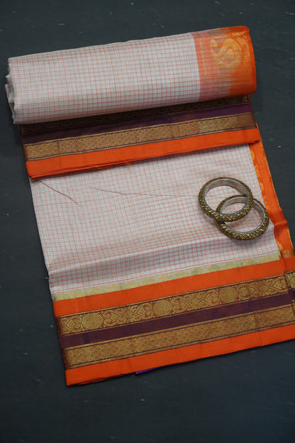 Silk Cotton Saree - Off White - Orange