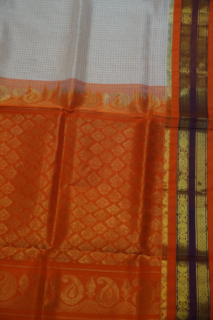 Silk Cotton Saree - Off White - Orange