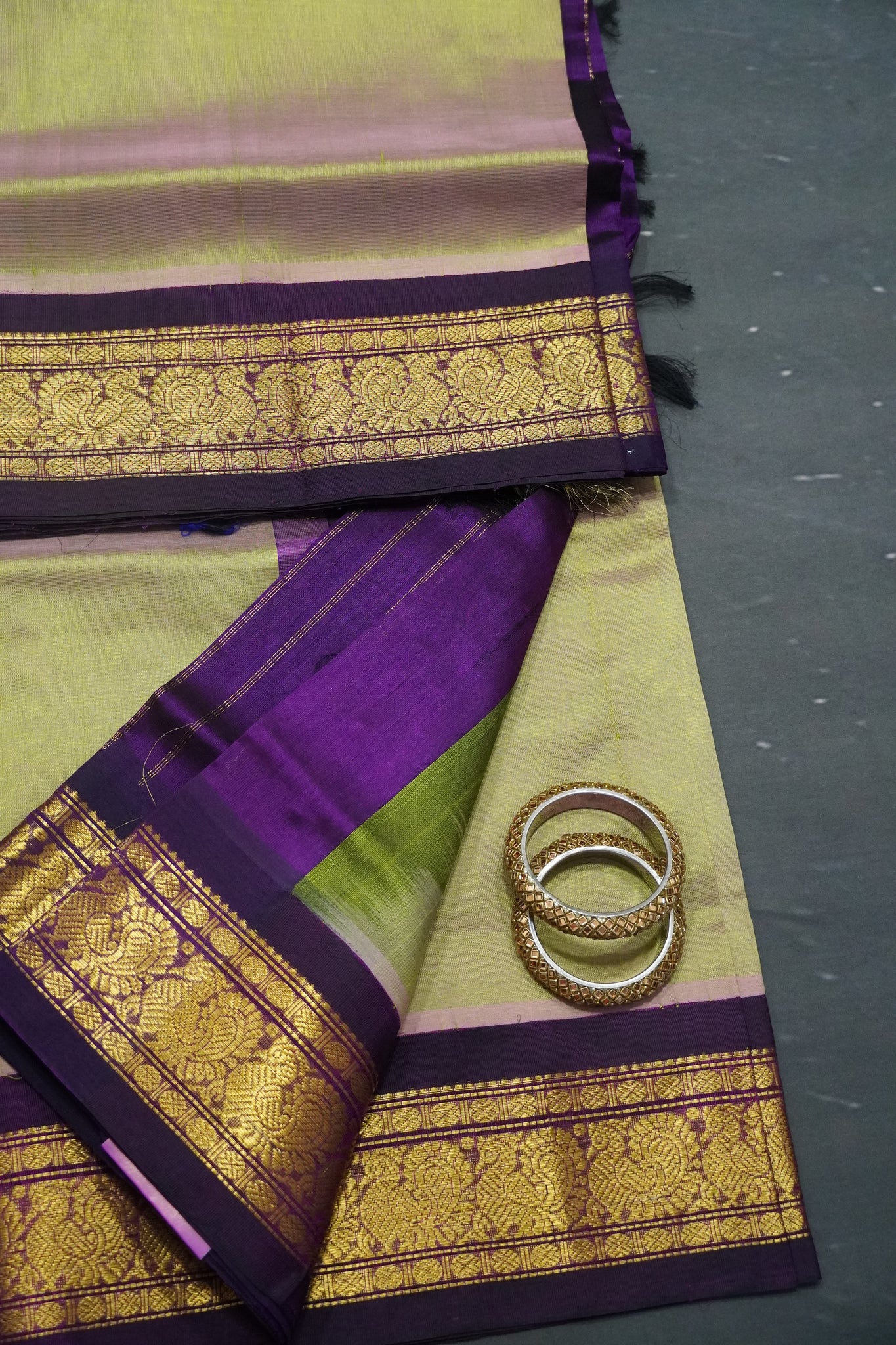 Silk Cotton Saree - Golden Green - Wine