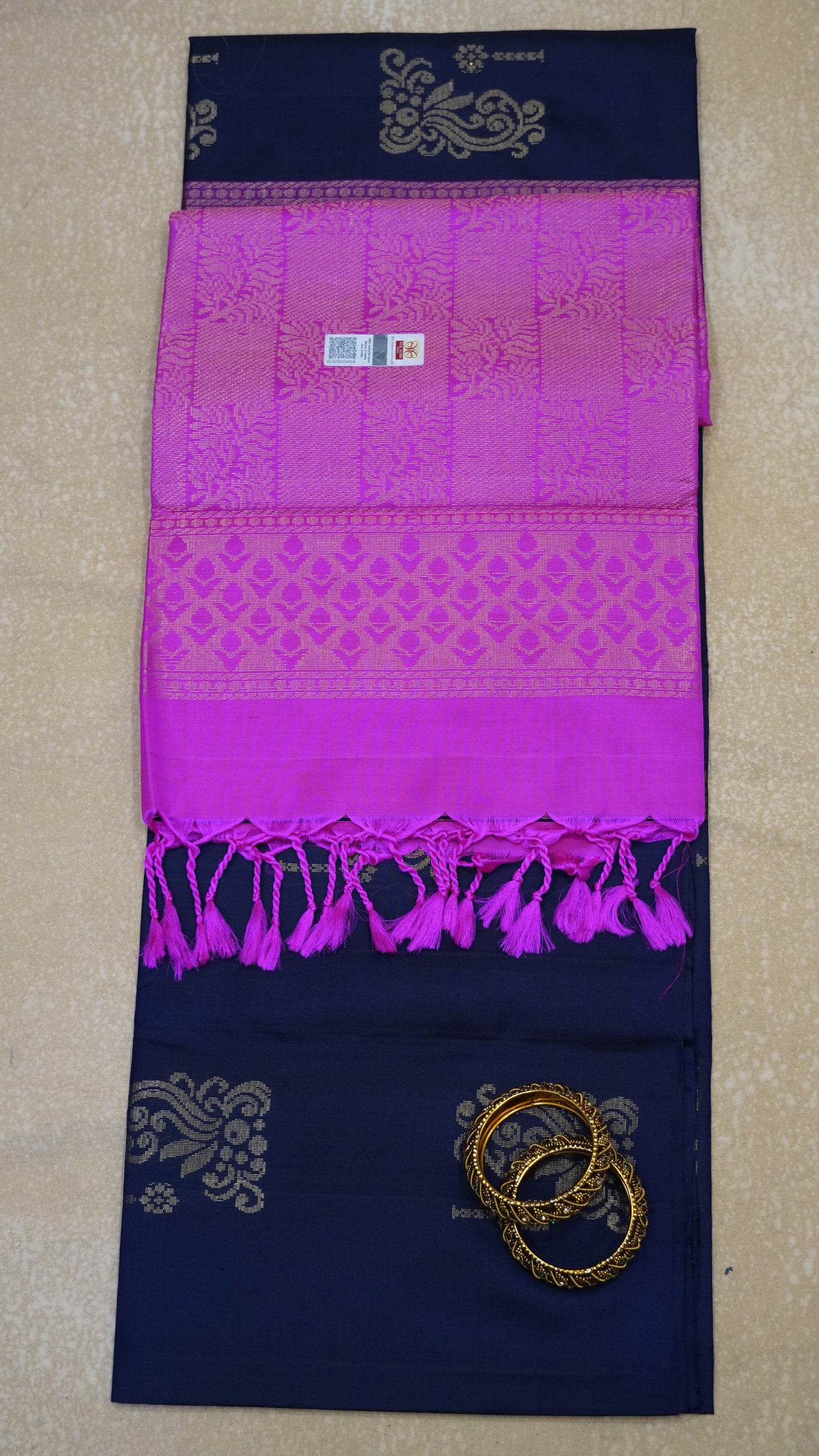 Pure Soft Silk Saree - Navy Blue-Pink