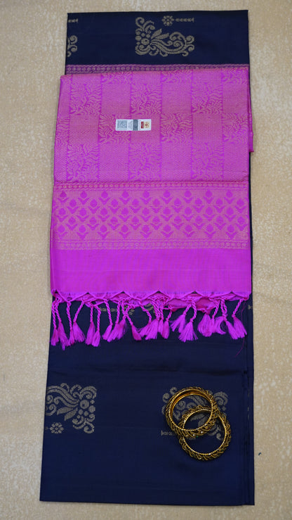 Pure Soft Silk Saree - Navy Blue-Pink