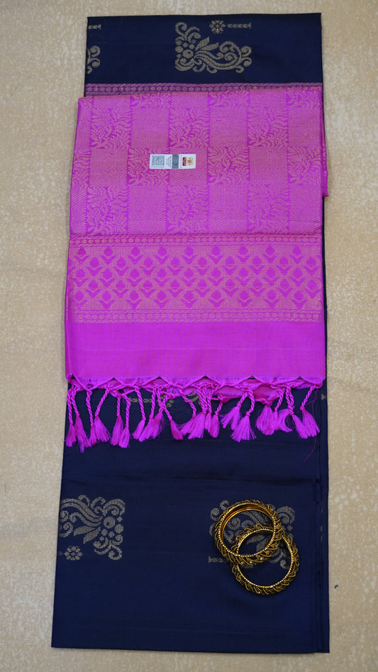 Pure Soft Silk Saree - Navy Blue-Pink