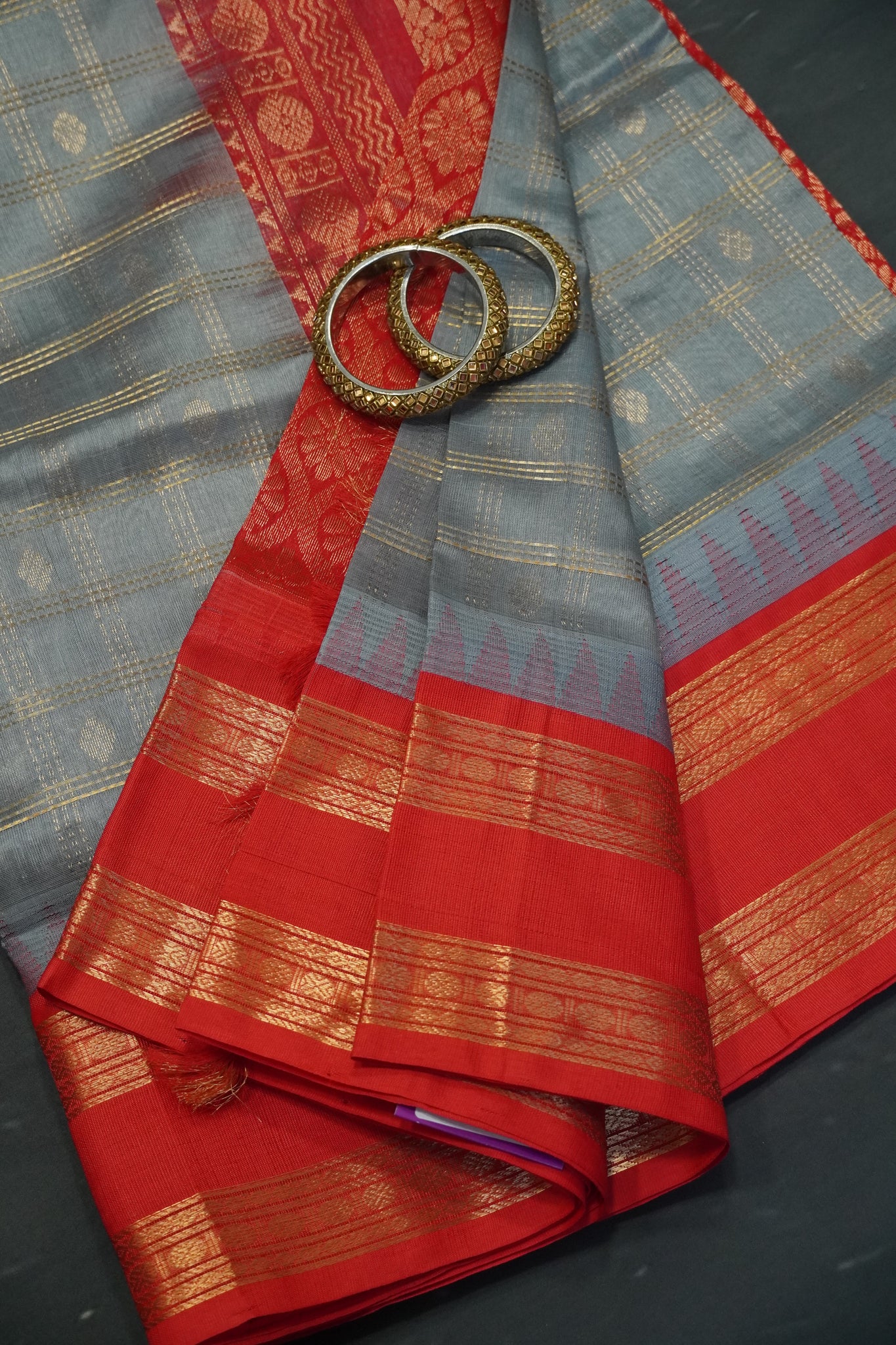 Silk Cotton Saree - Grey - Red