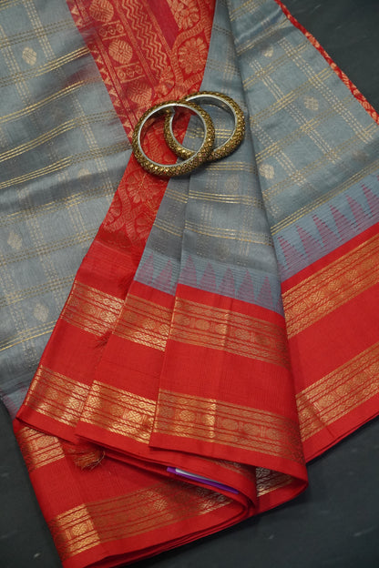 Silk Cotton Saree - Grey - Red