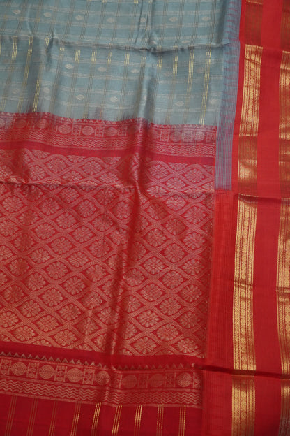 Silk Cotton Saree - Grey - Red