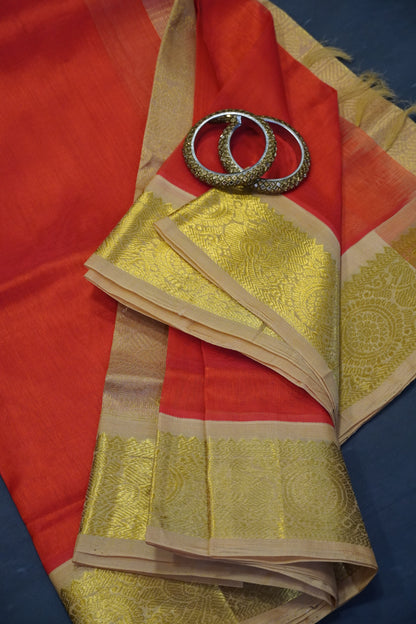 Silk Cotton Saree - Orange - Sandal
