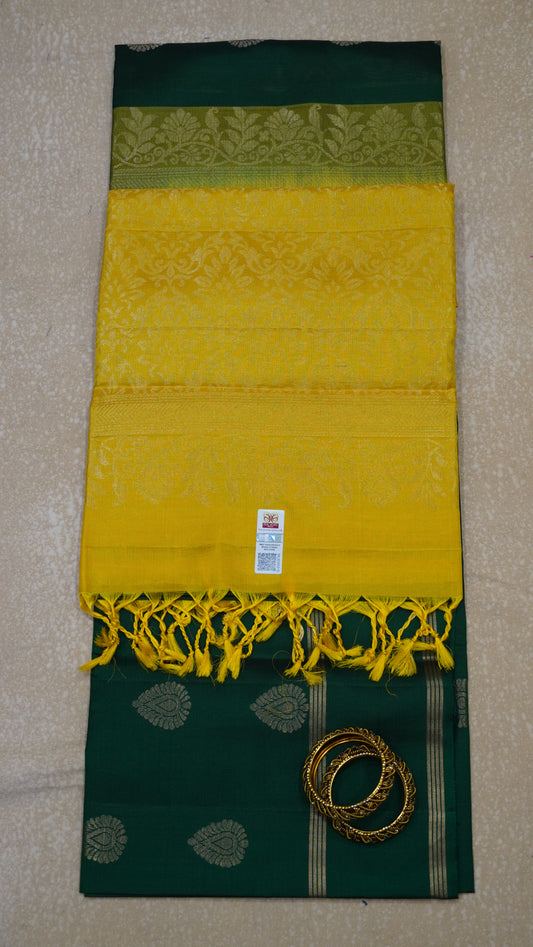 Pure Soft Silk Saree - Bottle Green-Yellow