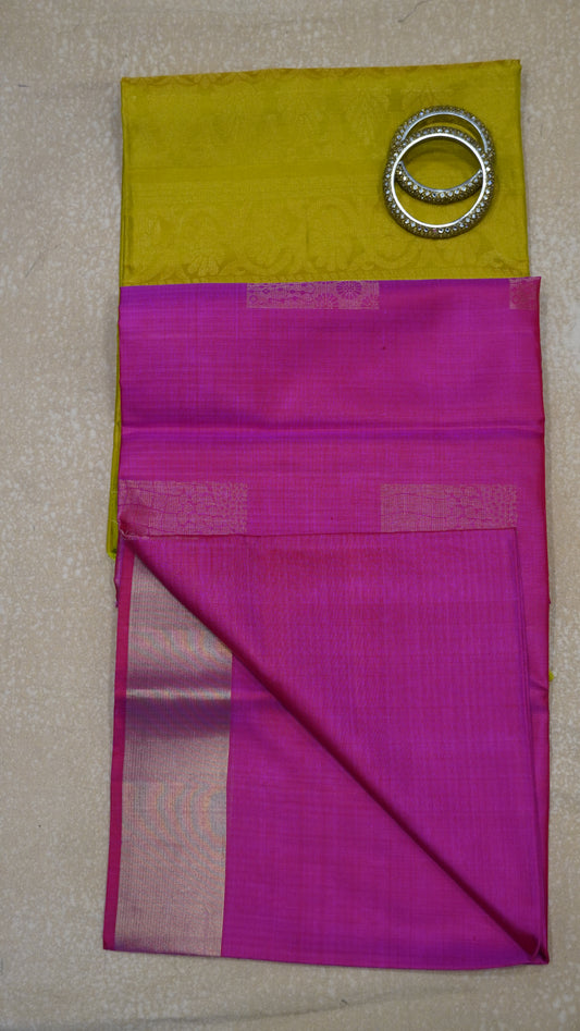 Pure Soft Silk Saree - Pink-Mehndi green