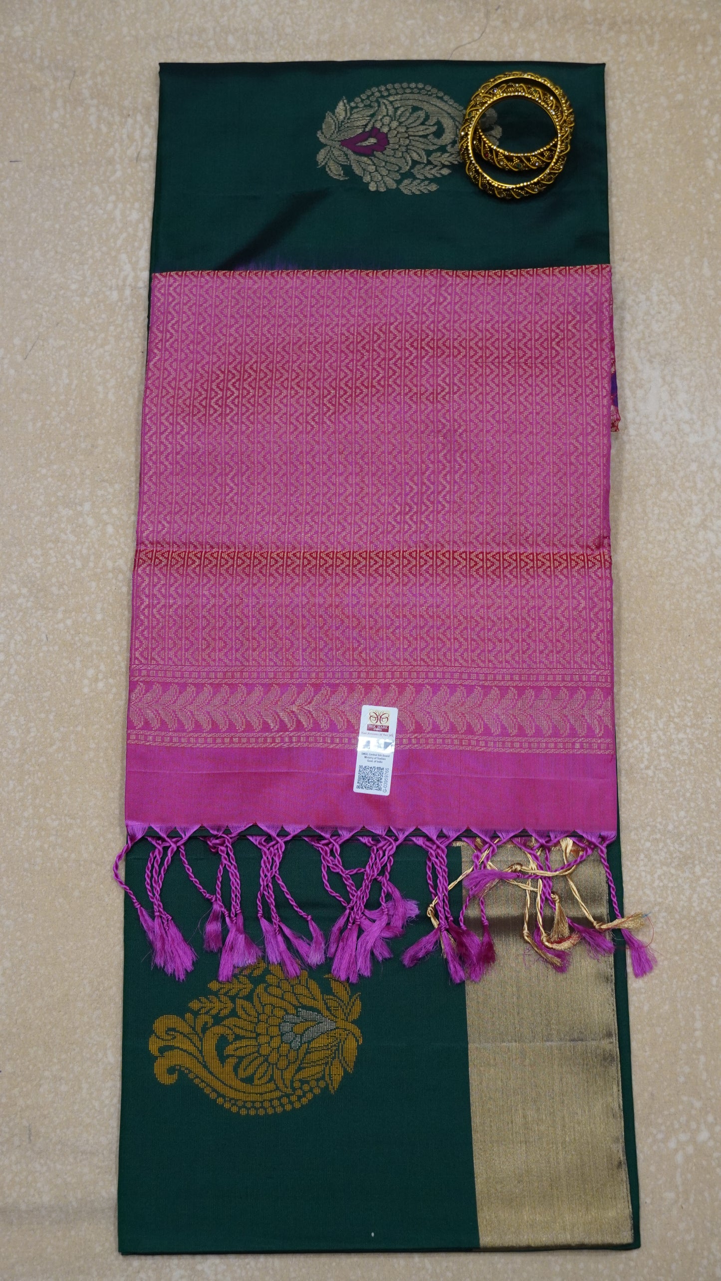 Pure Soft Silk Saree - Bottle Green-Pink