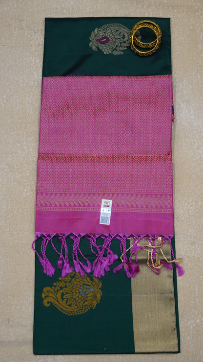 Pure Soft Silk Saree - Bottle Green-Pink