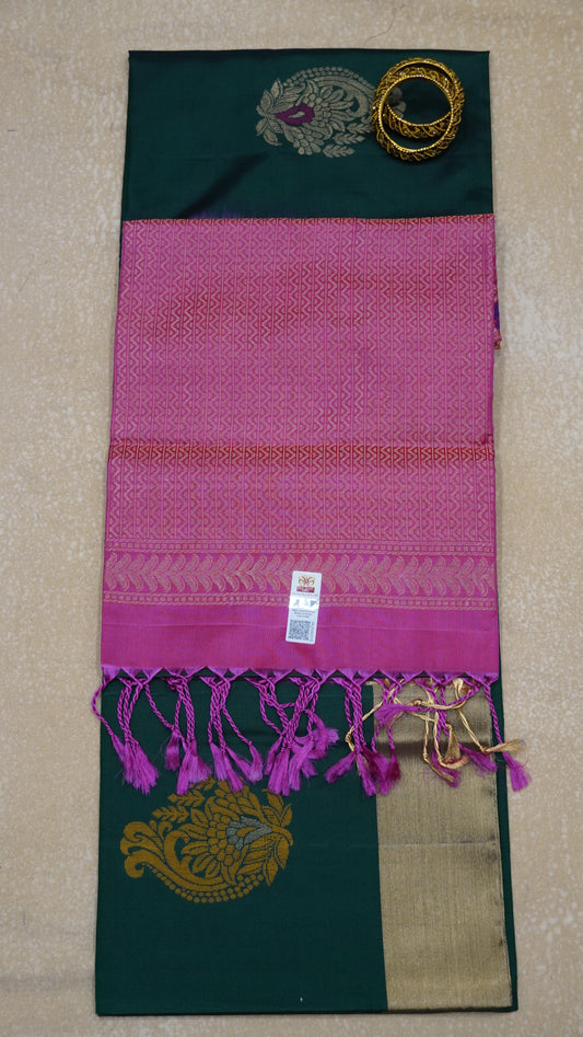 Pure Soft Silk Saree - Bottle Green-Pink