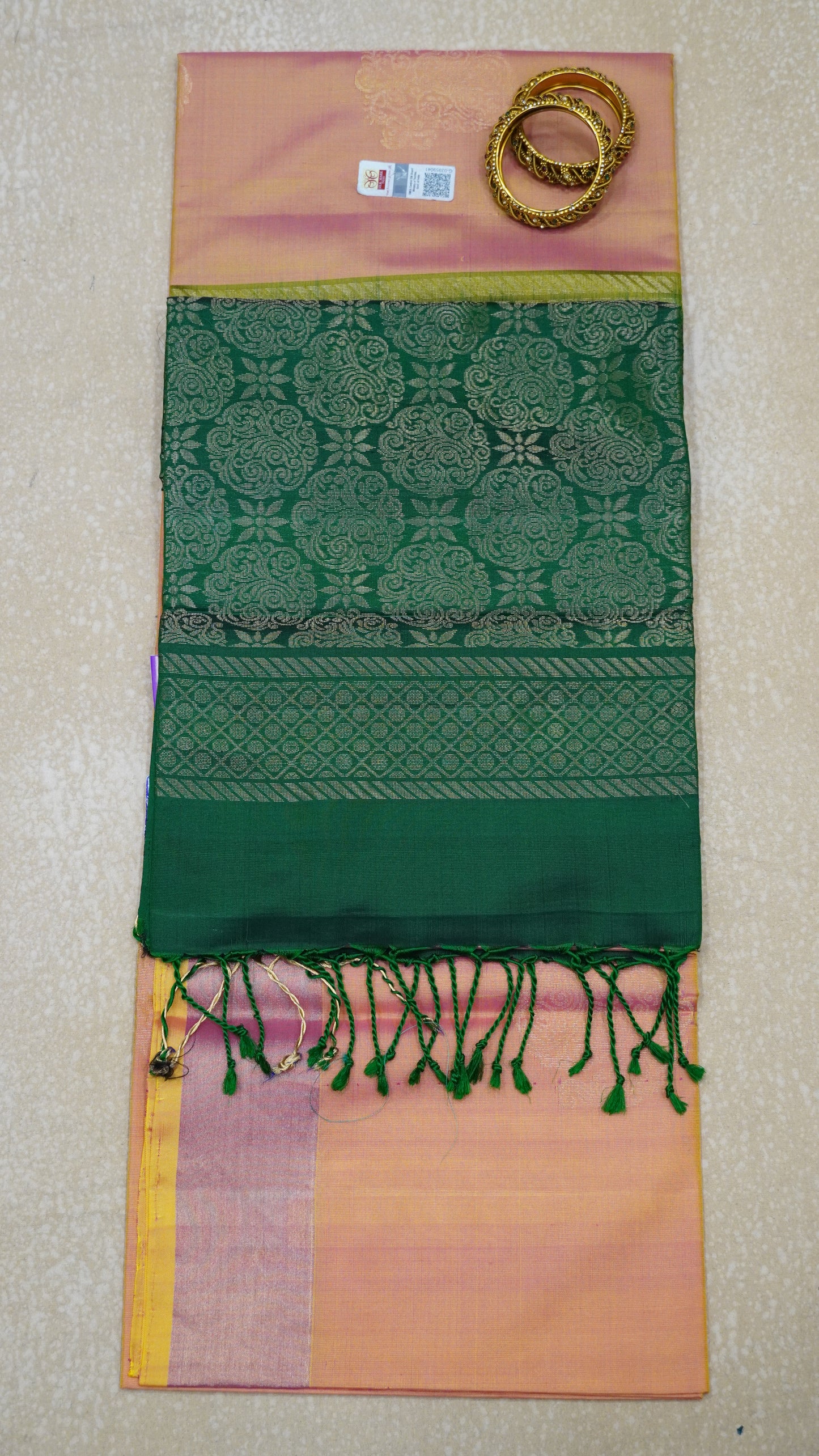 Pure Soft Silk Saree - Peach Pink-Green