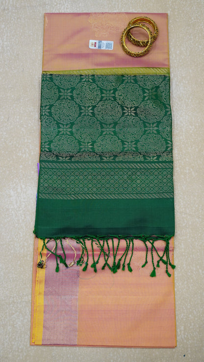 Pure Soft Silk Saree - Peach Pink-Green