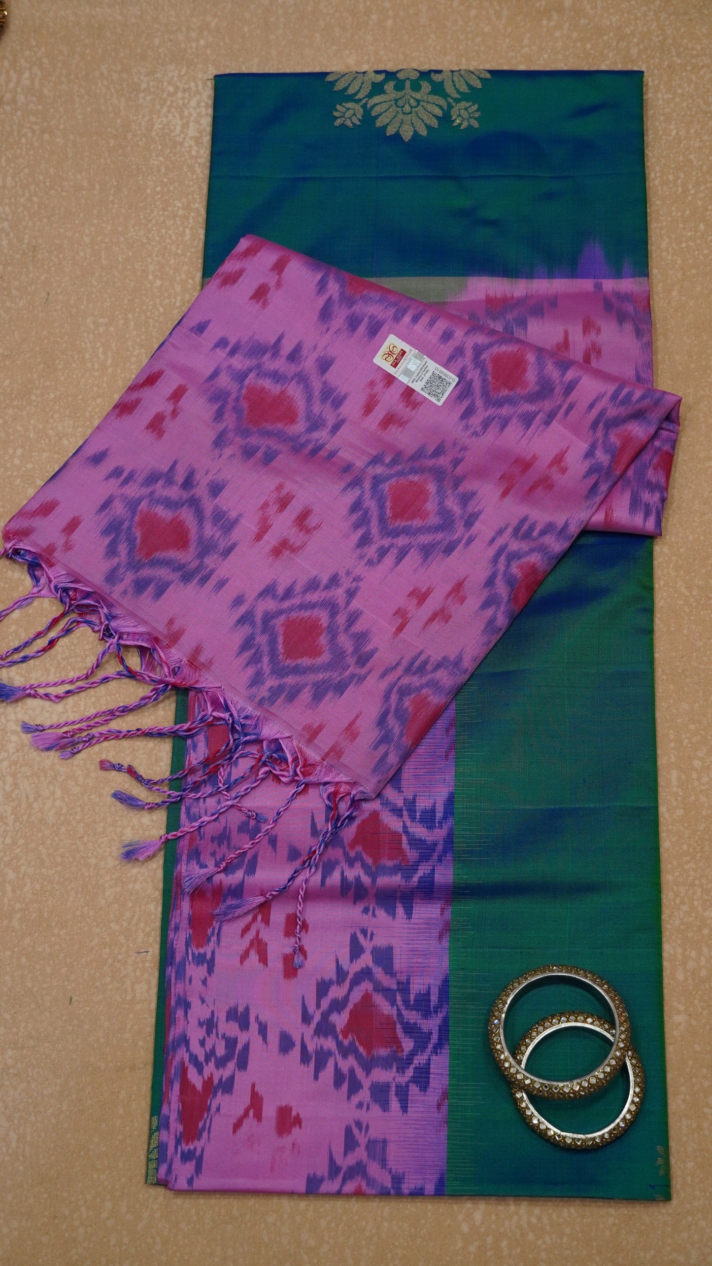 Pure Soft Silk Saree - Green-Purple Ikkat Pattern