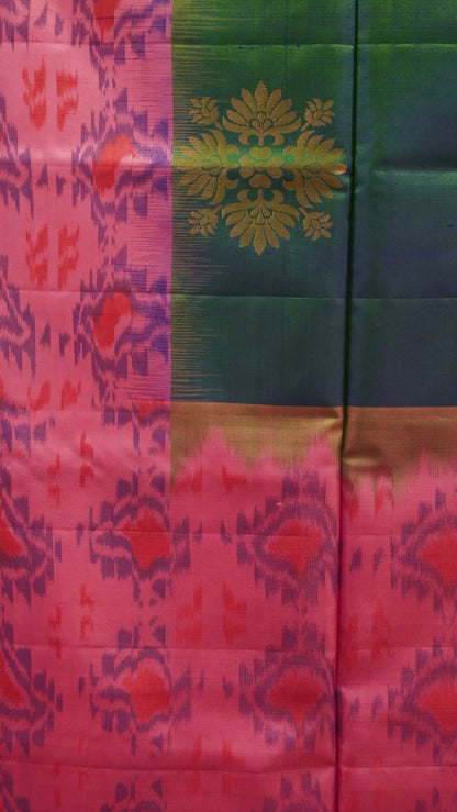 Pure Soft Silk Saree - Green-Purple Ikkat Pattern