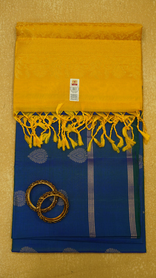 Pure Soft Silk Saree - Peacock Blue-Yellow
