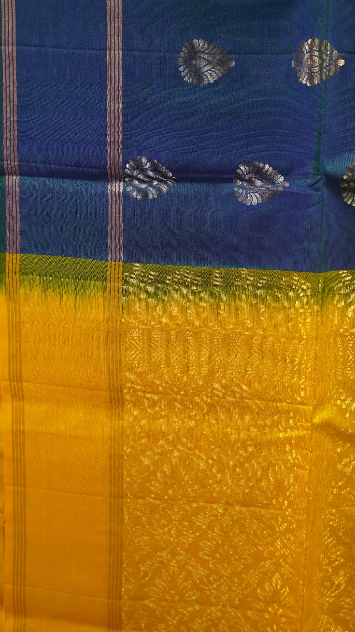 Pure Soft Silk Saree - Peacock Blue-Yellow