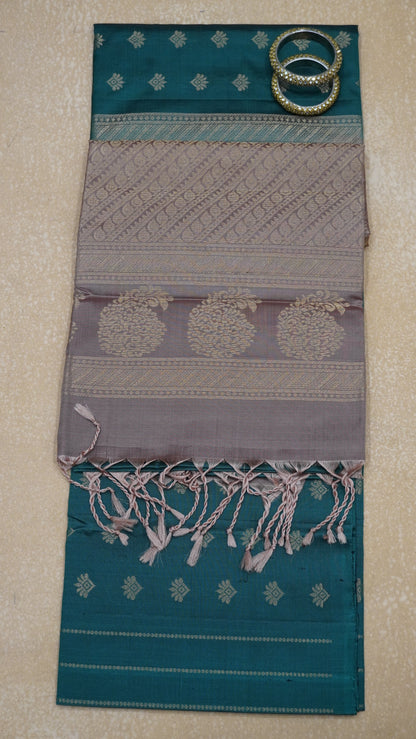 Pure Soft Silk Saree - Metallic Green-Brown