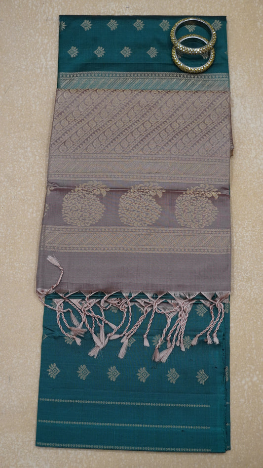 Pure Soft Silk Saree - Metallic Green-Brown