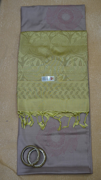 Pure Soft Silk Saree - Baby Brown-Lime Green