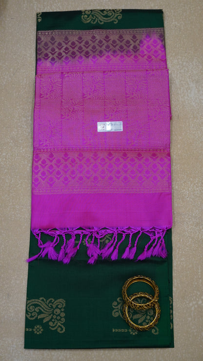 Pure Soft Silk Saree -Bottle Green-Pink