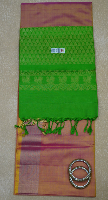 Pure Soft Silk Saree - Pinkish Orange-Green