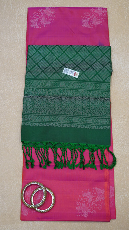 Pure Soft Silk Saree - Redish Pink-Green