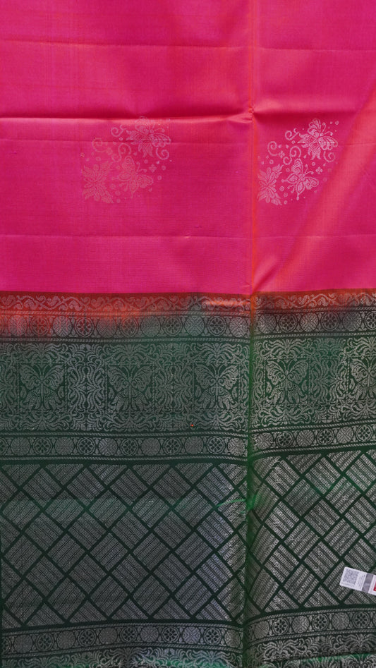 Pure Soft Silk Saree - Redish Pink-Green