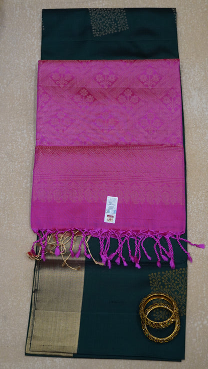 Pure Soft Silk Saree - Bottle green- Pink