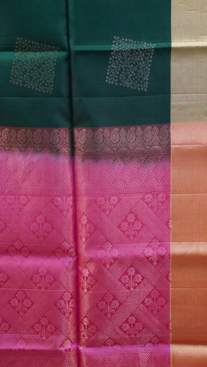 Pure Soft Silk Saree - Bottle green- Pink