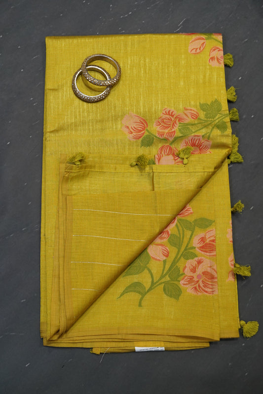 Semi Tussar Saree - Lilly Floral Yellow