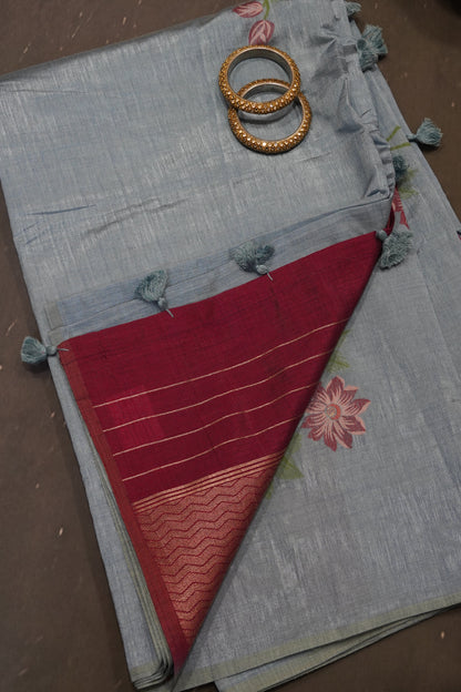Semi Tussar Saree - Floral Blue
