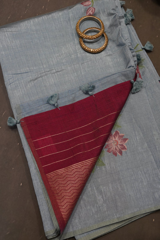 Semi Tussar Saree - Floral Blue
