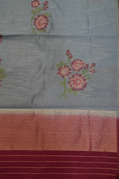Semi Tussar Saree - Floral Blue