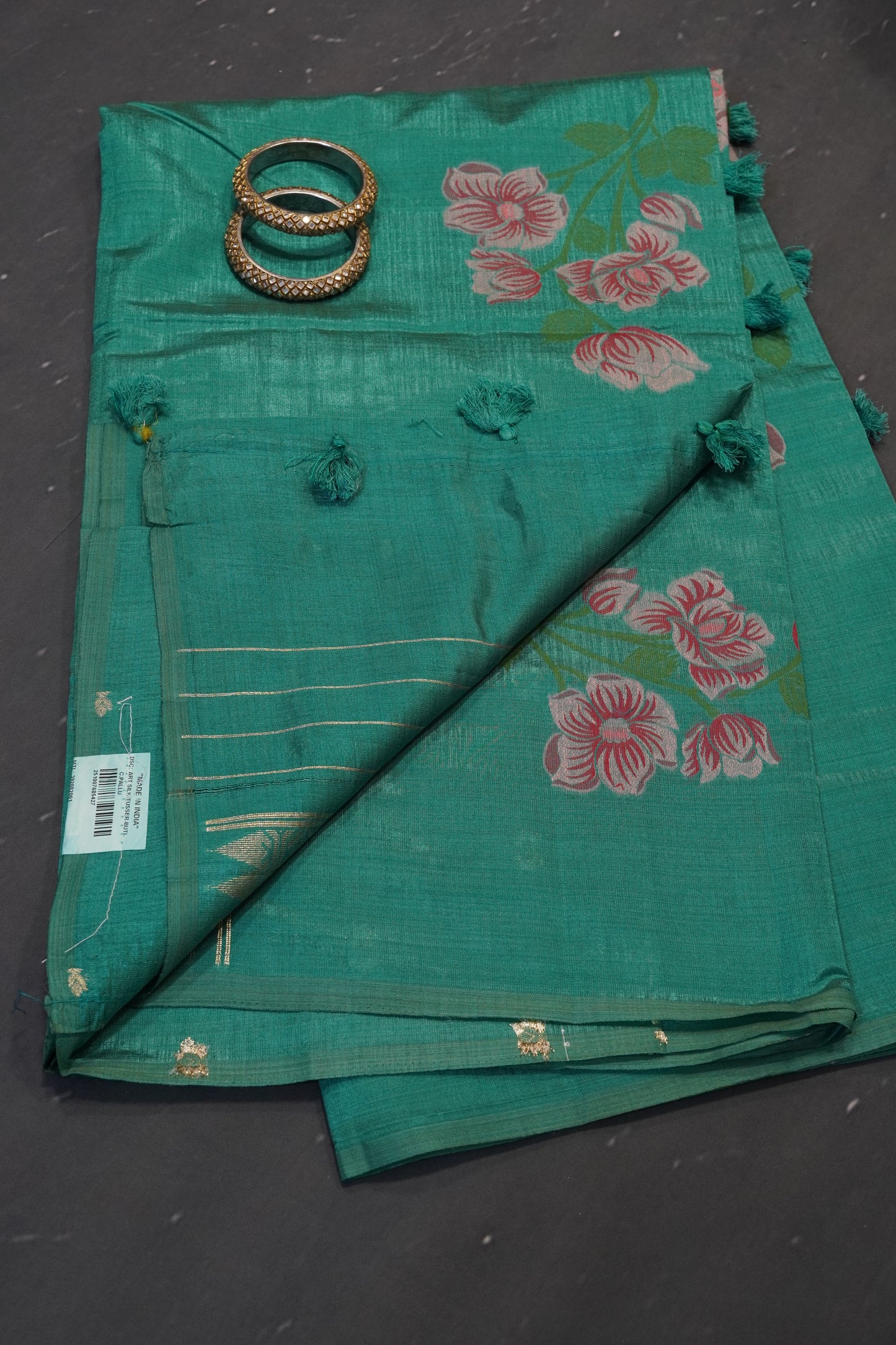 Semi Tussar Saree - Floral Sea Green