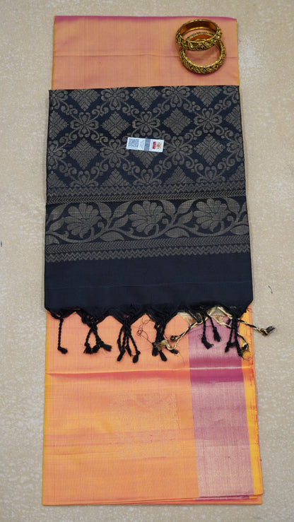 Pure Soft Silk Saree - Pinkish Orange-Black