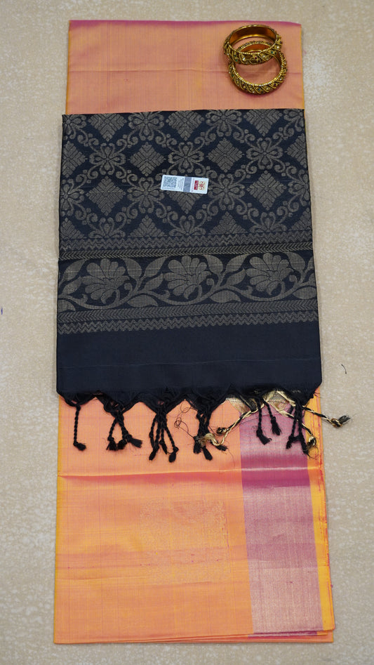 Pure Soft Silk Saree - Pinkish Orange-Black