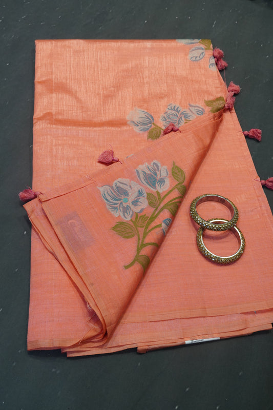 Semi Tussar Saree - Lilly Floral Peach