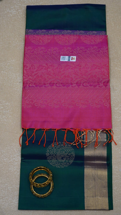 Pure Soft Silk Saree - Bottle Green-Redish Pink