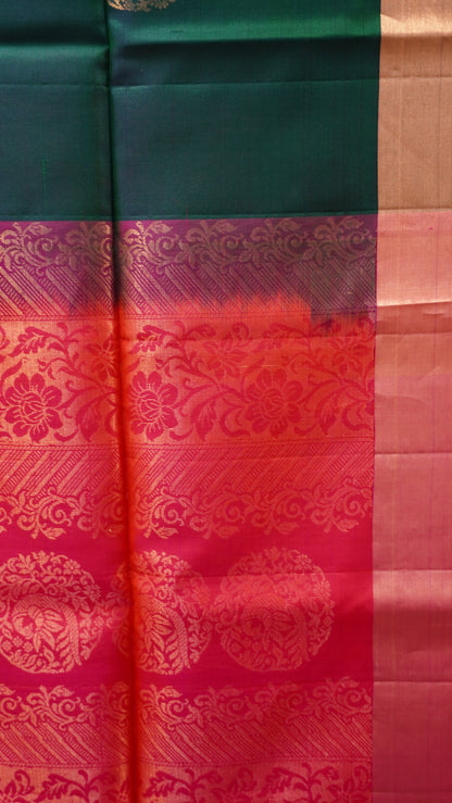 Pure Soft Silk Saree - Bottle Green-Redish Pink