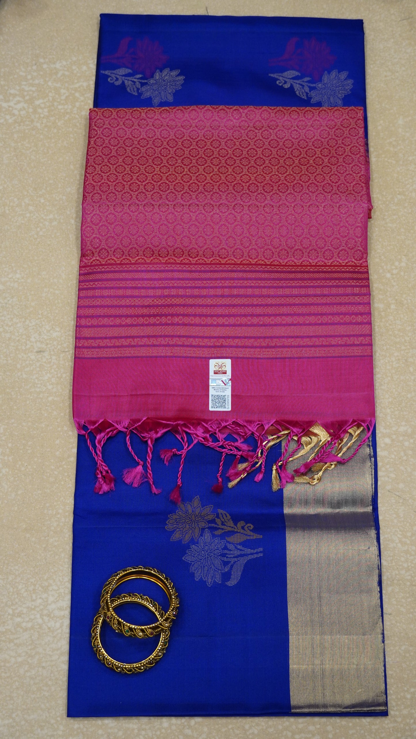 Pure Soft Silk Saree - Royal Blue-Dark Pink