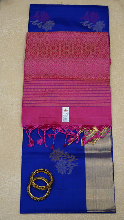 Pure Soft Silk Saree - Royal Blue-Dark Pink