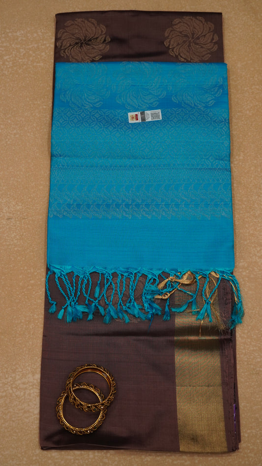 Pure Soft Silk Saree - Brown-Sky Blue