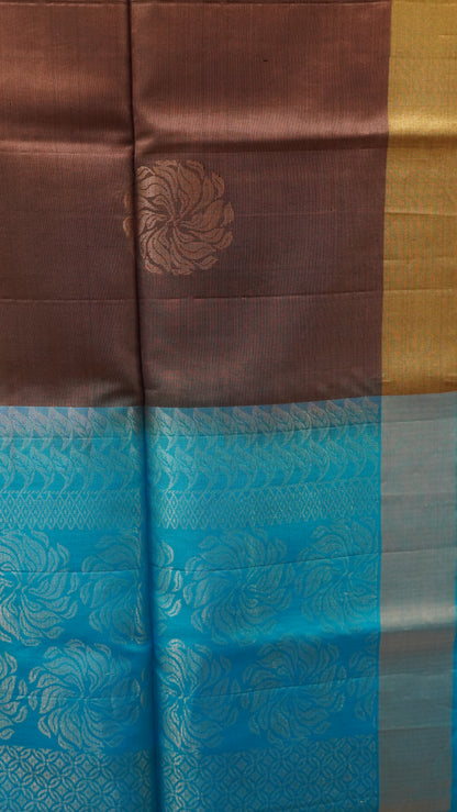 Pure Soft Silk Saree - Brown-Sky Blue