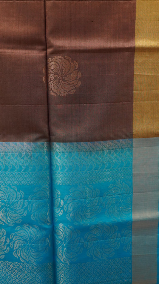 Pure Soft Silk Saree - Brown-Sky Blue