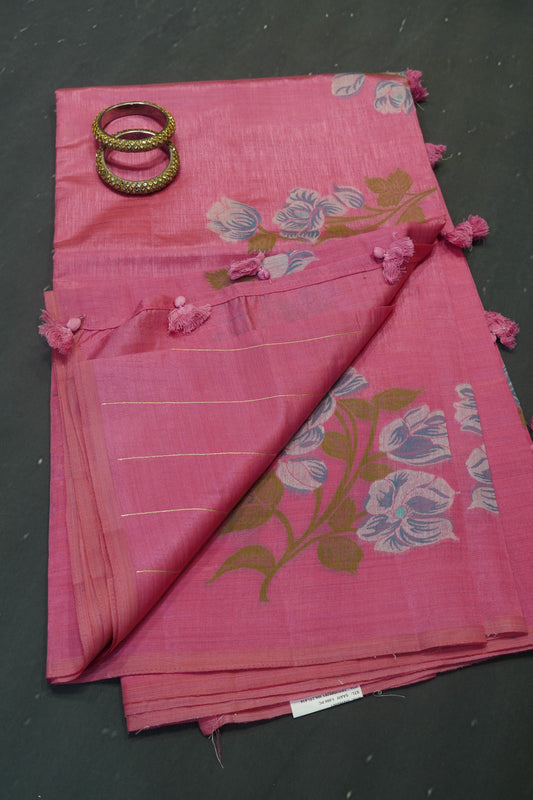 Semi Tussar Saree - Lilly Floral Pink