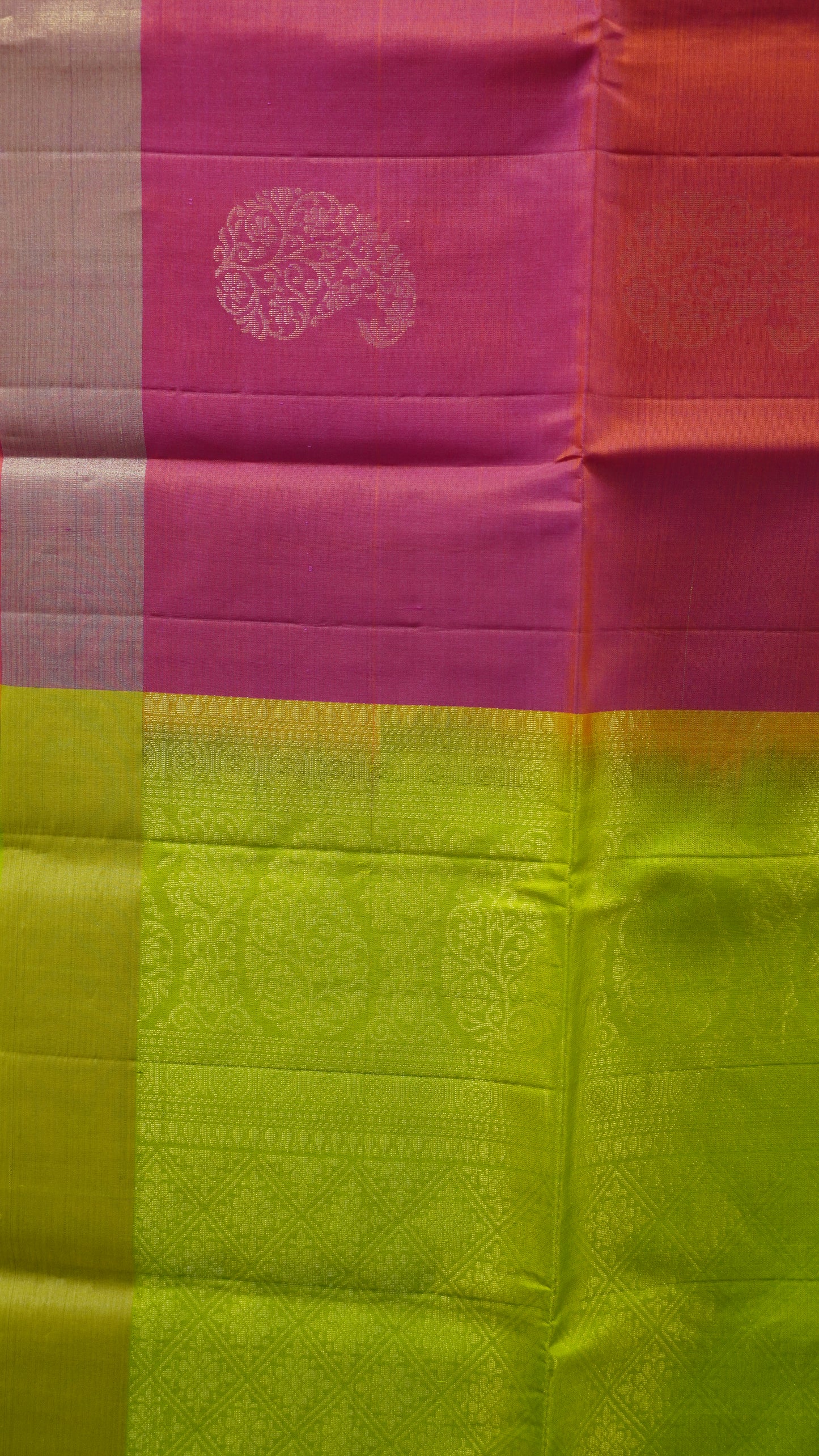 Pure Soft Silk Saree - Redish Pink-Green