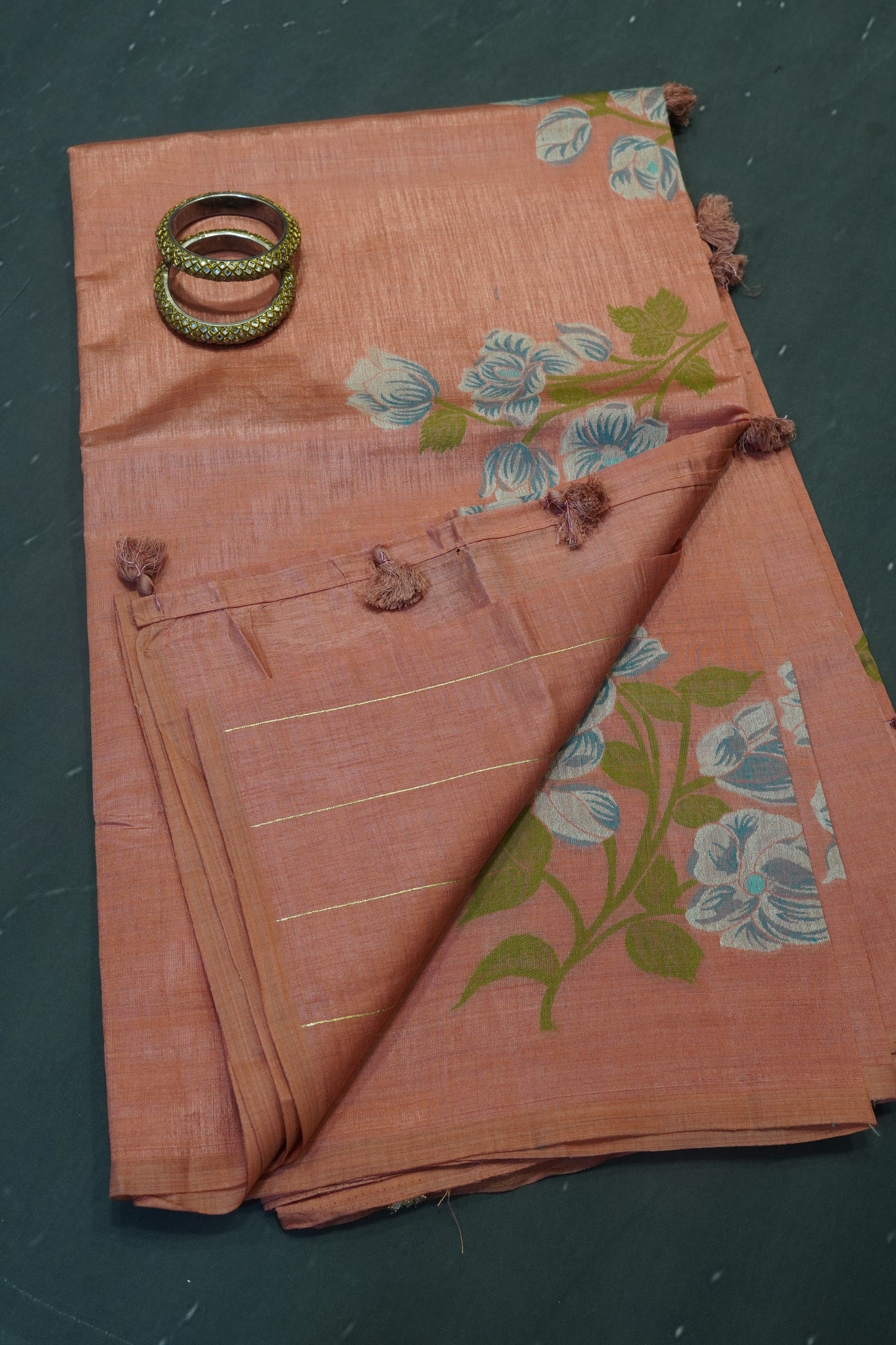 Semi Tussar Saree - Lilly Floral Pale Orange
