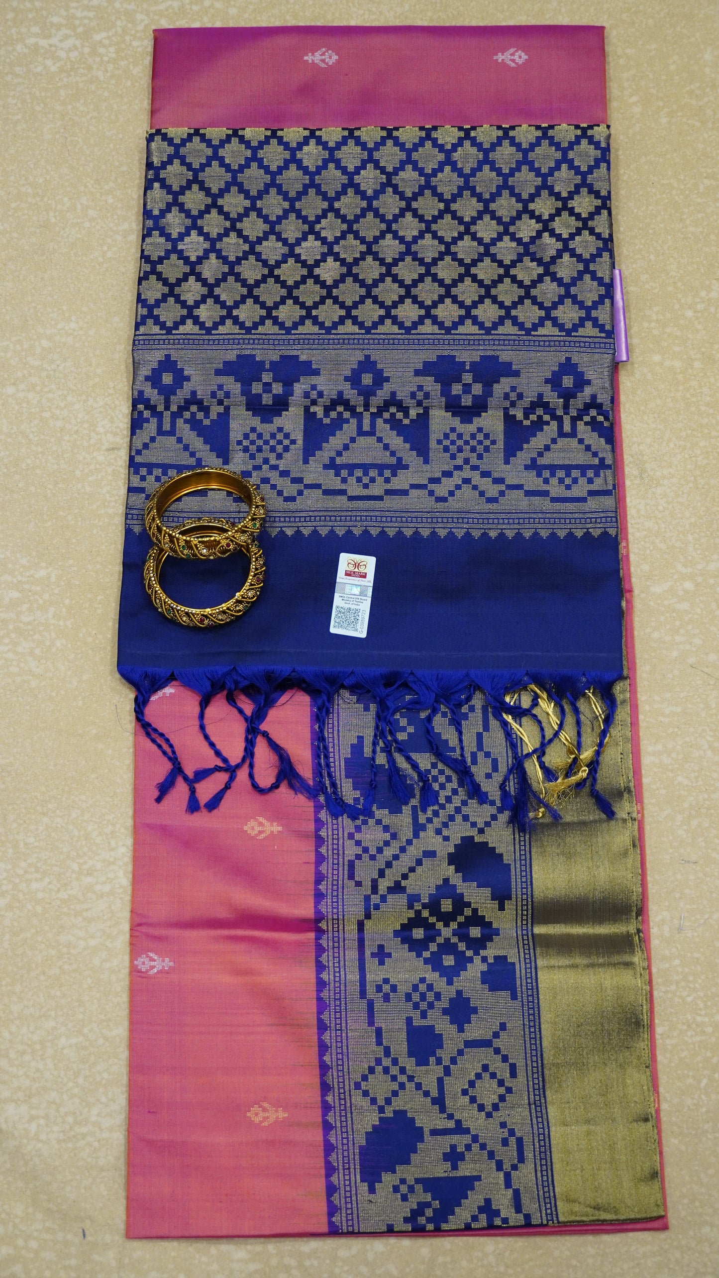 Pure Soft Silk Saree - Pinkish Orange-Navy Blue